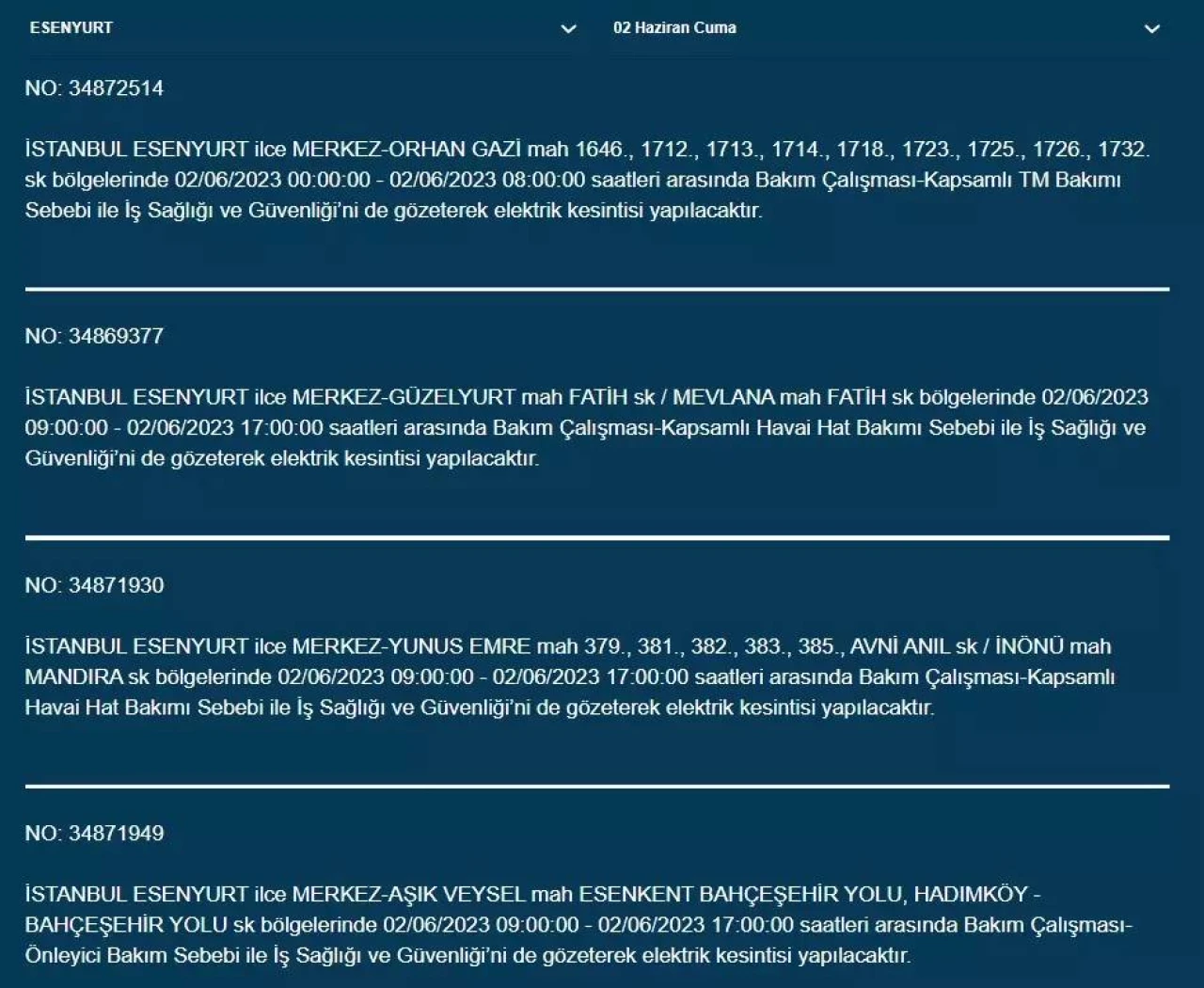 İstanbul'da O İlçelerde Elektrik Kesintisi Var! 02 Haziran 2023 Cuma 11